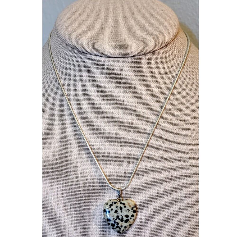 Dalmatian Jasper Heart Silver Tone 16" Necklace